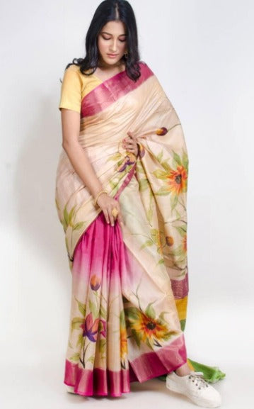 Beige Hand Painted Zari Border Pure Silk Mark Certified Tussar Silk Sarees - Dailybuyys