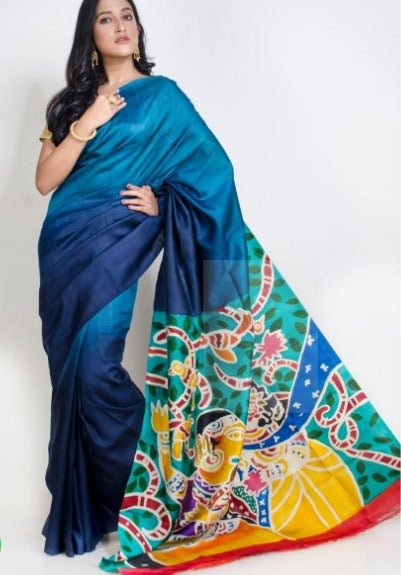 Blue Hand Painted Pure Silk Mark Certified Bishnupuri Silk Sarees