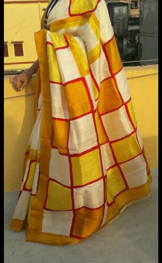 Yellow Hand Painted Pure Silk Mark Certified Bishnupuri Silk Sarees