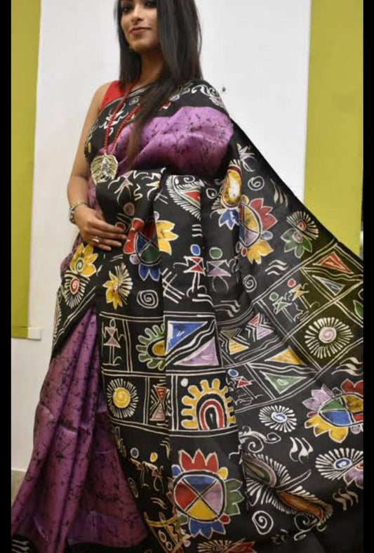 Purple Black Hand Painted Pure Silk Mark Certified Bishnupuri Silk Sarees