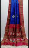 Blue Block Print Zari Border Pure Silk Mark Certified Tussar Silk Sarees