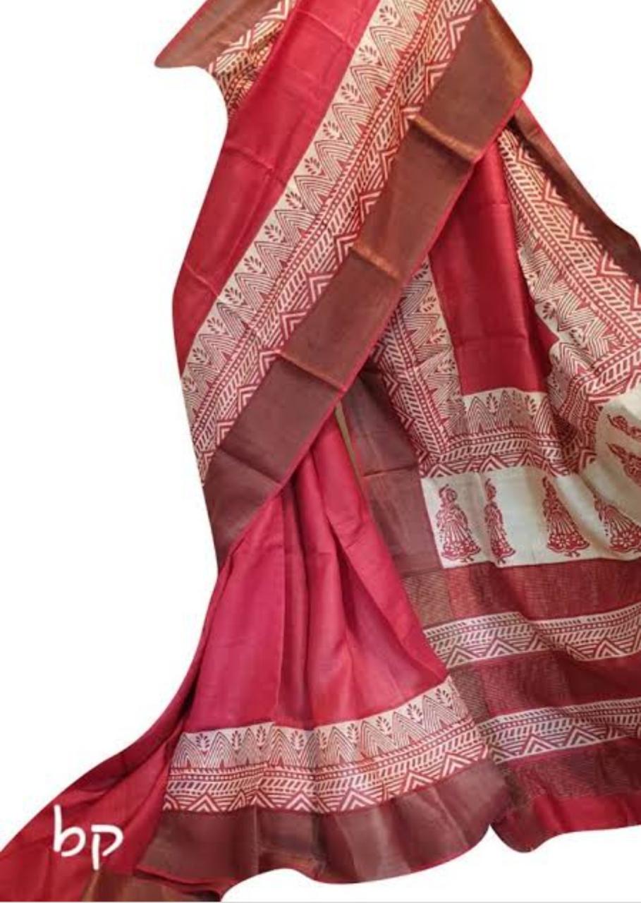 Red Block Print Zari Border Pure Silk Mark Certified Tussar Silk Sarees