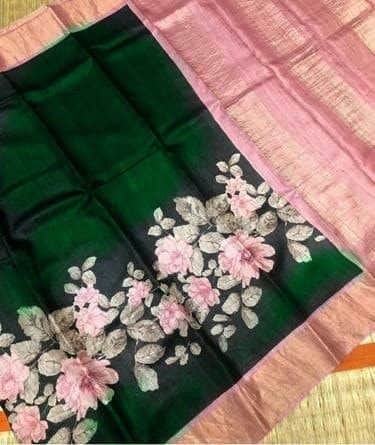 Green Peach Hand Painted Zari Border Pure Silk Mark Certified Tussar Silk Sarees