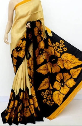 Yellow Hand Painted Pure Silk Mark Certified Bishnupuri Silk Sarees