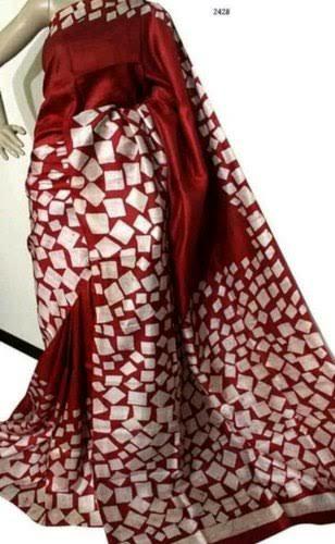 Maroon Block Printed Pure Silk Mark Certified Bishnupuri Silk Sarees