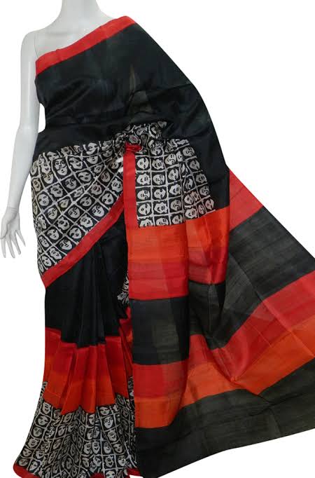 Red Black Block Printed Pure Silk Mark Certified Bishnupuri Silk Sarees