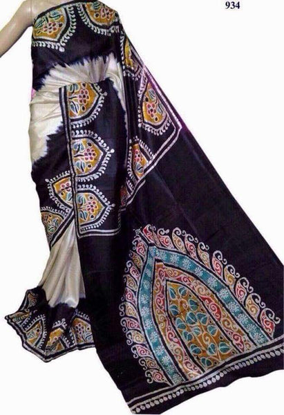 Black Hand Painted Pure Silk Mark Certified Bishnupuri Silk Sarees