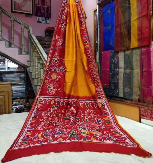 Red Orange Hand Painted Pure Silk Mark Certified Bishnupuri Silk Sarees