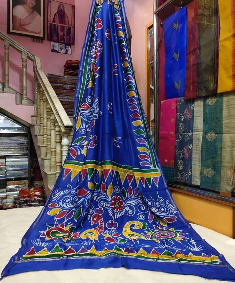 Blue Hand Painted Pure Silk Mark Certified Bishnupuri Silk Sarees