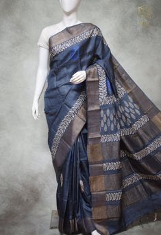 Grey Beautiful Block Print Zari Border Pure Silk Mark Certified Tussar Silk Sarees