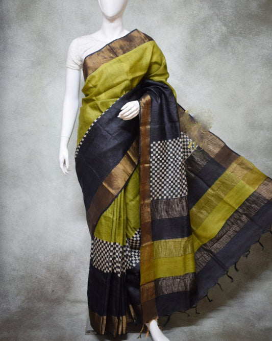 Black Green Block Print Zari Border Pure Silk Mark Certified Tussar Silk Sarees