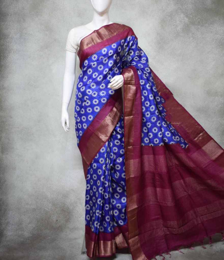 Blue Beautiful Block Print Zari Border Pure Silk Mark Certified Tussar Silk Sarees - Dailybuyys