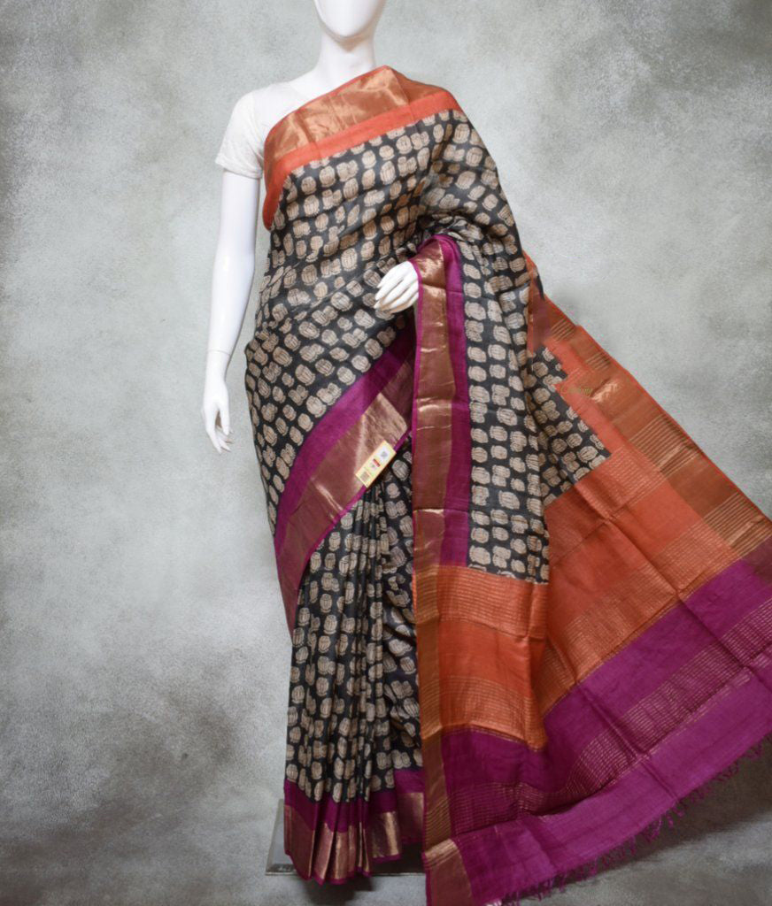 Black Orange Beautiful Block Print Zari Border Pure Silk Mark Certified Tussar Silk Sarees - Dailybuyys