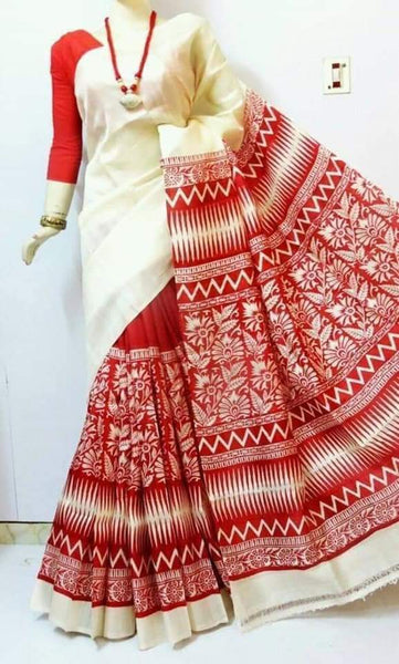 Red Block Printed Pure Silk Mark Certified Bishnupuri Silk Sarees