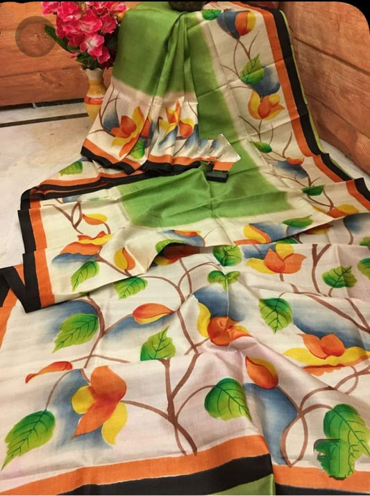 Beige Green Hand Painted Pure Silk Mark Certified Bishnupuri Silk Sarees