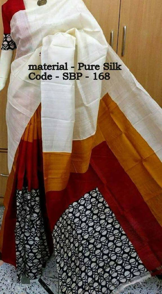 Beige Red Block Printed Pure Silk Mark Certified Bishnupuri Silk Sarees