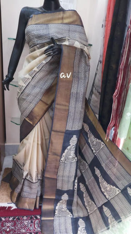 Beige Block Printed Zari Border Pure Silk Mark Certified Tussar Silk Sarees