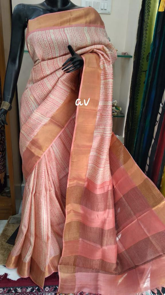 Pink Block Printed Zari Border Pure Silk Mark Certified Tussar Silk Sarees