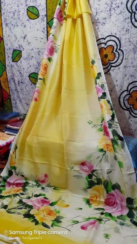 Yellow Hand Painted Pure Silk Mark Certified Bishnupuri Silk Sarees