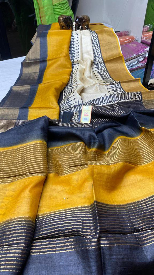 Yellow Block Printed Zari Border Pure Silk Mark Certified Tussar Silk Sarees