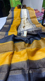 Yellow Block Printed Zari Border Pure Silk Mark Certified Tussar Silk Sarees Get Extra 10% Discount on All Prepaid Transaction