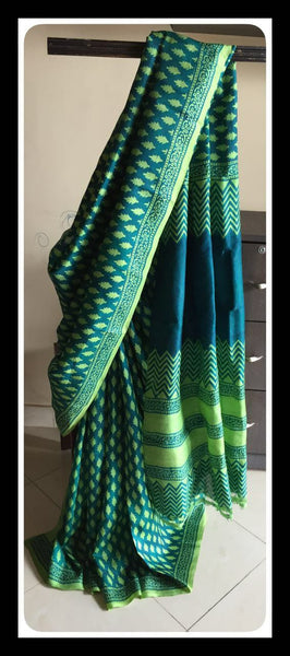 Green Block Printed Pure Silk Mark Certified Bishnupuri Silk Sarees