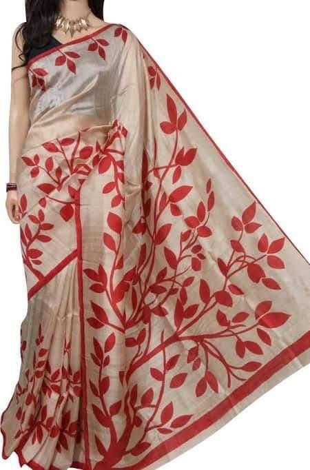 Beige Red Hand Printed Pure Silk Mark Certified Bishnupuri Silk Sarees