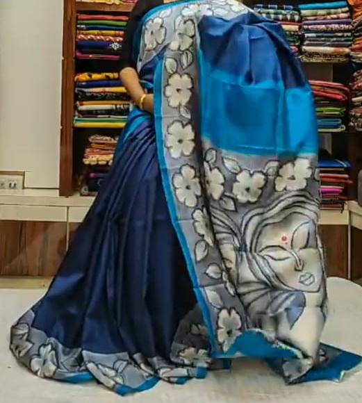 Blue Hand Printed Pure Silk Mark Certified Bishnupuri Silk Sarees