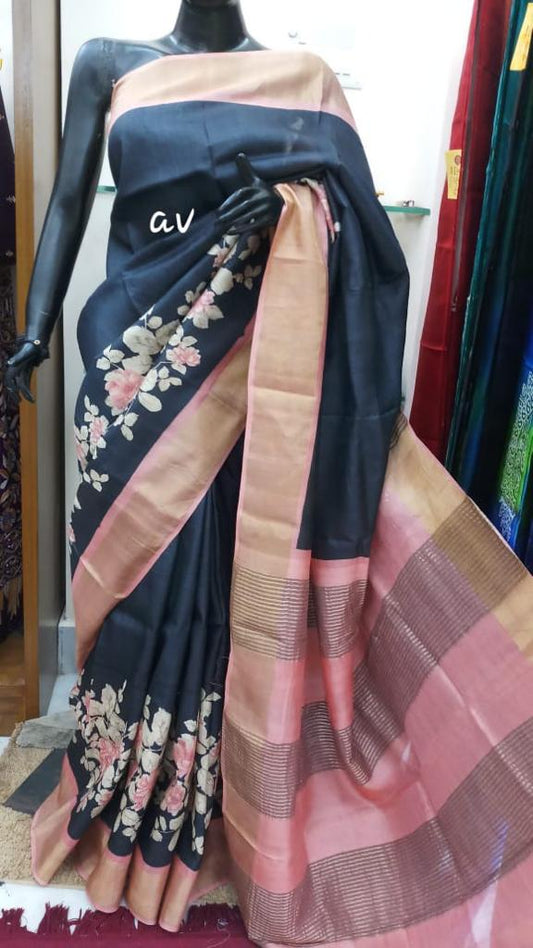 Black Pink Hand Printed Zari Border Pure Silk Mark Certified Tussar Silk Sarees