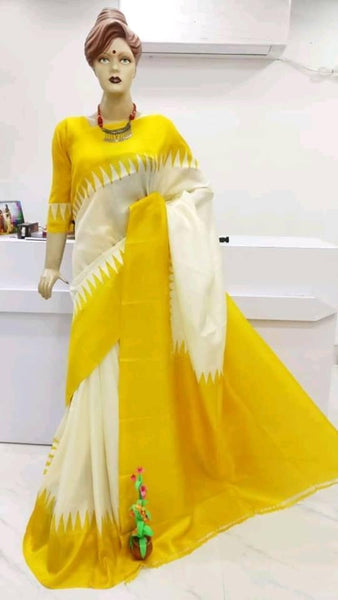 Yellow Beige Block Printed Plain Pure Silk Mark Certified Tussar Silk Sarees