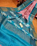 Blue Pink Zari Border Block Printed Pure Silk Mark Certified Tussar Silk Sarees Get Extra 10% Discount on All Prepaid Transaction