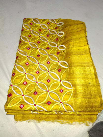 Yellow Cut Work Pure Silk Mark Certified Tussar Ghicha Silk Sarees