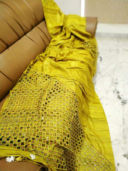 Yellow Cut Work Pure Silk Mark Certified Tussar Ghicha Silk Sarees