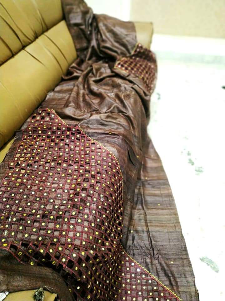 Brown Black Cut Work Pure Silk Mark Certified Tussar Ghicha Silk Sarees