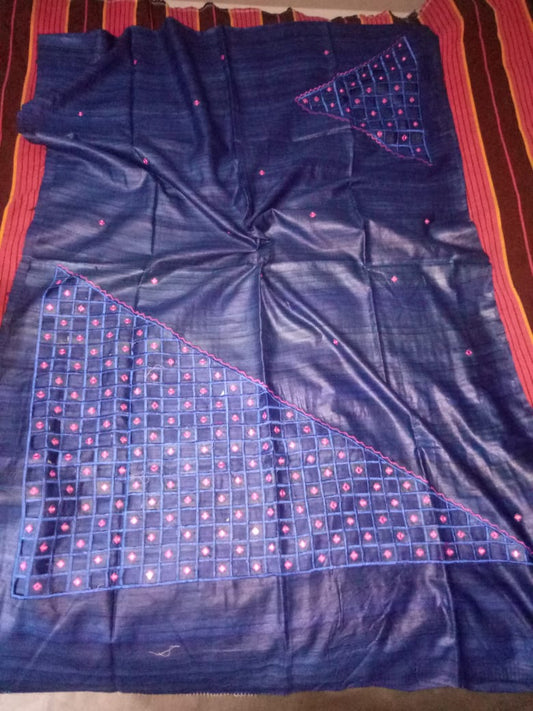 Blue Cut Work Pure Silk Mark Certified Tussar Ghicha Silk Sarees