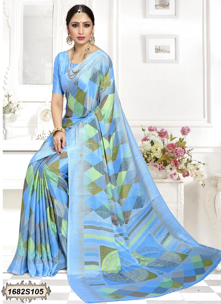 Sky Printed Crepe Sarees Get Extra 10% Discount on All Prepaid Transaction