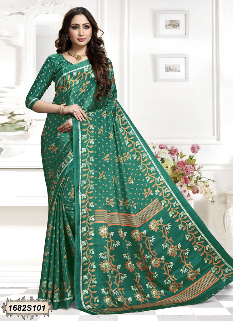 Green Printed Crepe Sarees Get Extra 10% Discount on All Prepaid Transaction
