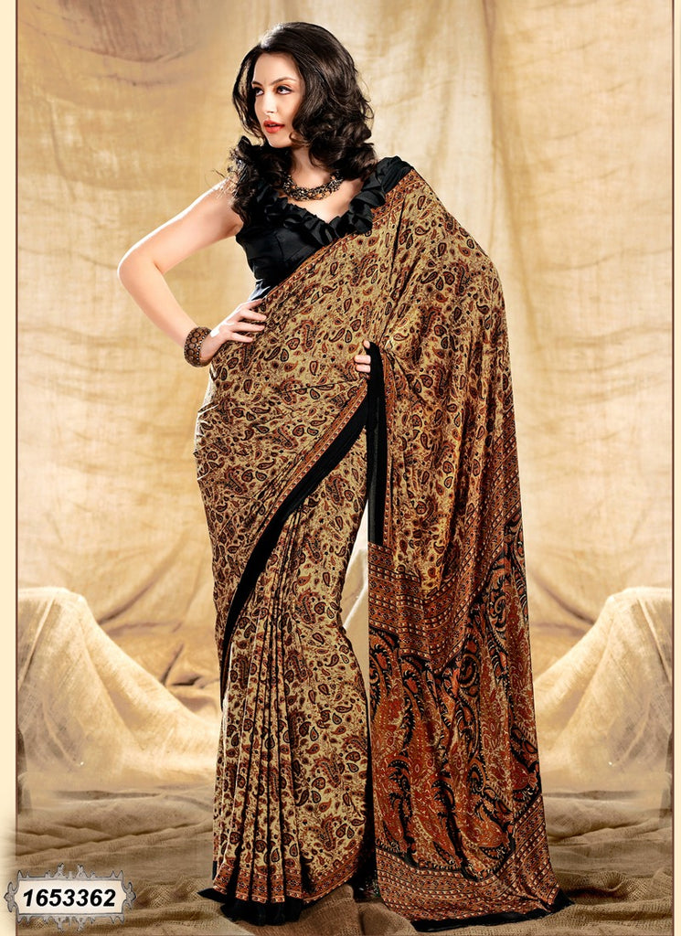 Beige Printed Crepe Sarees Get Extra 10% Discount on All Prepaid Transaction