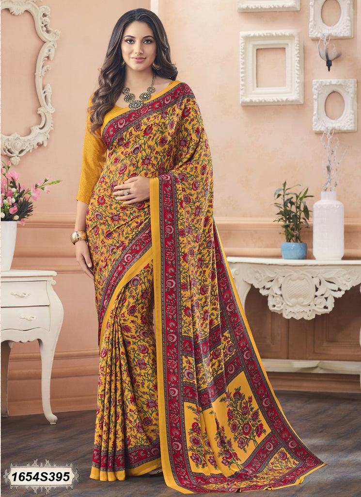 Yellow Printed Crepe Sarees Get Extra 10% Discount on All Prepaid Transaction