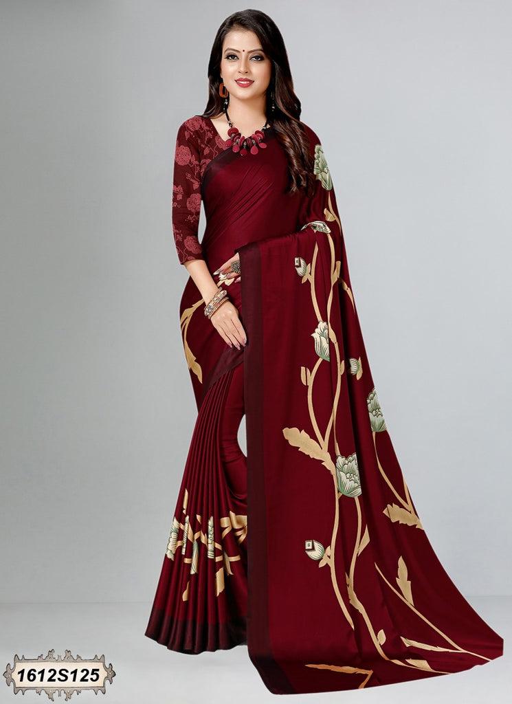 Maroon Printed Crepe Sarees Get Extra 10% Discount on All Prepaid Transaction