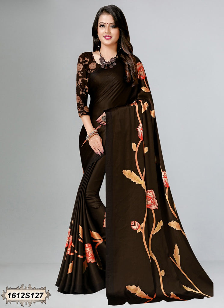 Brown Printed Crepe Sarees Get Extra 10% Discount on All Prepaid Transaction