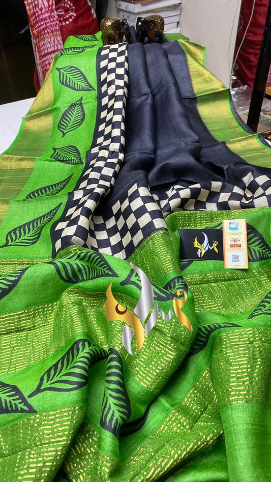 Green Block Print Zari Border Pure Silk Mark Certified Tussar Silk Sarees