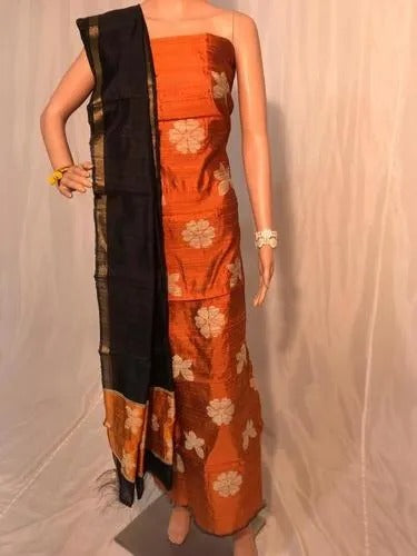 Orange Block Printed Design Pure Silk Top & Dupatta