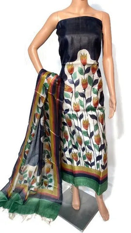 Black Hand Painted Design Pure Silk Top & Dupatta