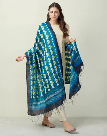 Blue Block Printed Design Pure Silk Top & Dupatta