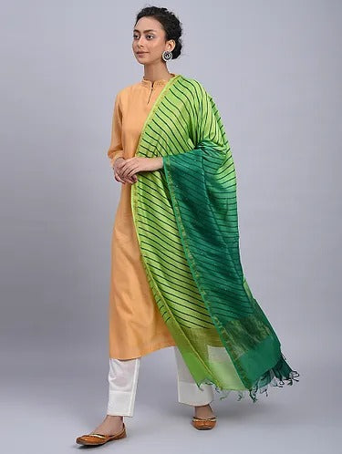 Green Block Printed Design Pure Silk Top & Dupatta