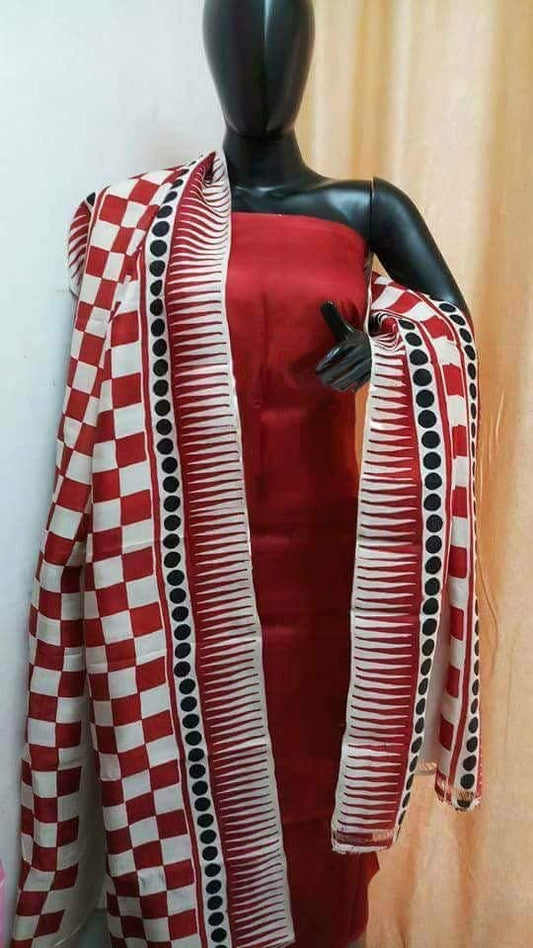 Red Block Printed Design Pure Silk Top & Dupatta