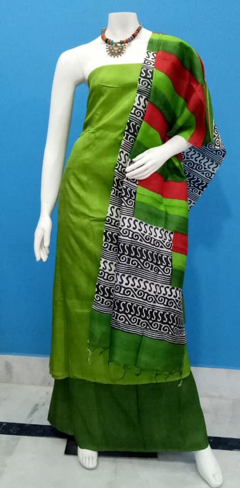 Green Block Printed Design Pure Silk Top & Dupatta