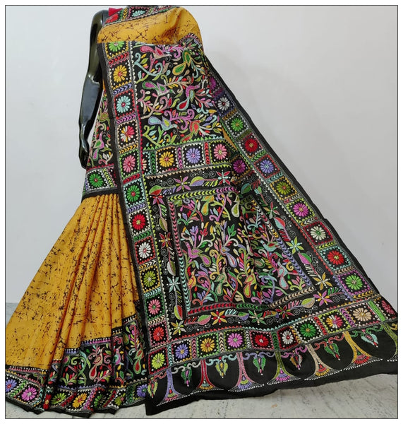 Multi Colored Hand Embroidery Batik Kantha Stitch Sarees