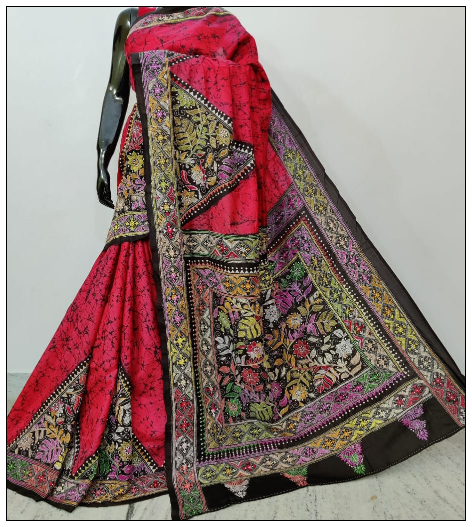 Multi Colored Hand Embroidery Kantha Stitch Saree